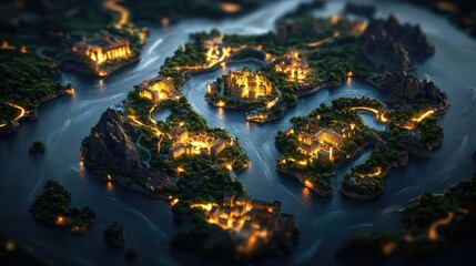 Poster - Aerial view of a beautifully illuminated fantasy island landscape at night.