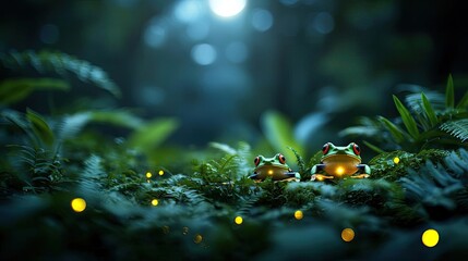 Poster - Frogs in a vibrant forest with glowing fireflies at night.