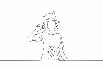 Poster - Continuous single line drawing of young beauty and energetic woman wearing funny cute frog animal character hat. Vector graphic illustration. National Hat Day