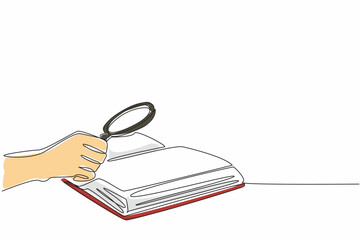 Poster - National Thesaurus Day. Single continuous line drawing person hand holding magnifier glass and searching significant information from opened old script book. Digging knowledge from the source concept