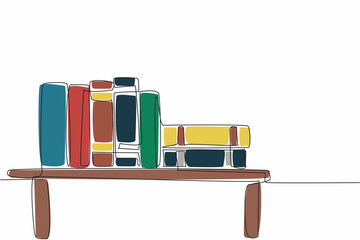 Poster - single one line drawing of lined up and stacked thick text book above bookshelf. book is a window to