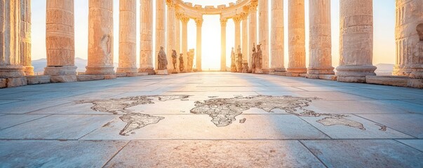 Poster - Historical monument with ancient columns and world map on the floor, sunset view.