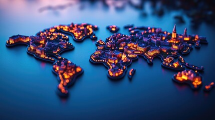 Poster - Illuminated world map on water, vibrant city lights reflecting beautifully.