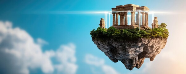 Aufkleber - Floating ancient temple on a rocky island with vibrant sky.