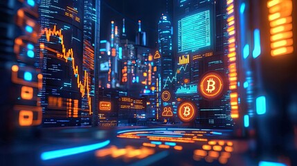 Poster - Futuristic cityscape with glowing financial data and cryptocurrency symbols.
