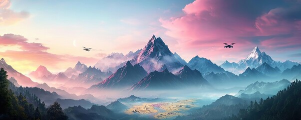 Aufkleber - Stunning mountain landscape with vibrant skies and a serene valley.