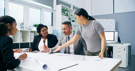 Poster - Architecture, planning and business people in meeting, blueprints and coworking in modern office. Employees, staff and engineering with cooperation, feedback and development for project and teamwork