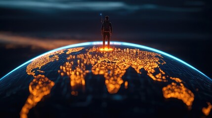 Poster - Person standing on glowing globe with illuminated cities at night view.
