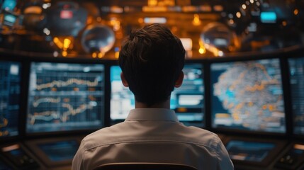 Poster - A person analyzing data on multiple screens in a high-tech environment.