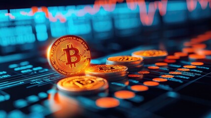 Poster - Bitcoin coins on digital chart with glowing data background.