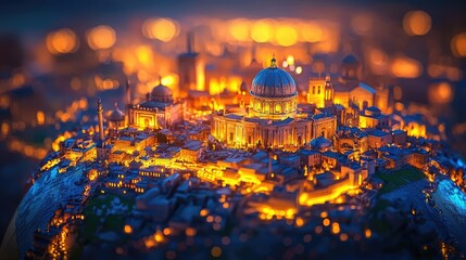 Poster - Illuminated miniature cityscape with historical architecture, vibrant night scene.