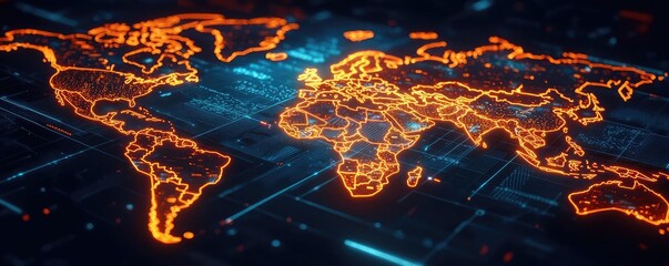 Poster - Futuristic world map with glowing orange outlines on a dark background