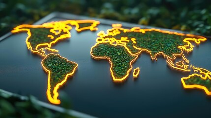 Poster - Illuminated map of the world made from green elements on dark background.