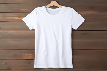 Wall Mural - White t-shirt on a young woman in jeans, isolated, mockup. Hanging blank t-shirt, against empty wall 