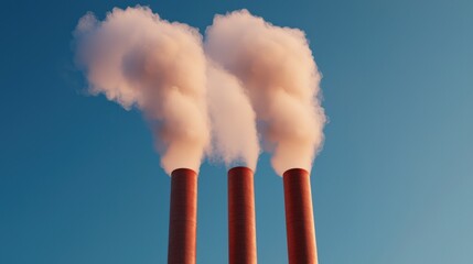 Wall Mural - Three smokestacks release white smoke against a clear blue sky, highlighting issues of pollution and industrial activity.