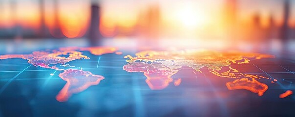 Poster - Digital world map with a glowing sunset background, illustrating global connectivity.
