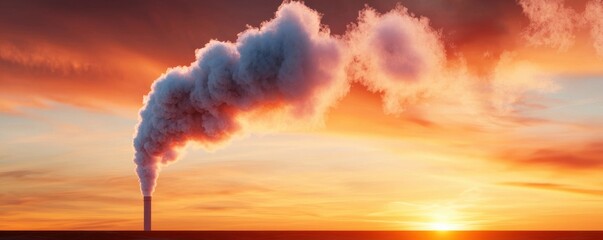 Wall Mural - A factory chimney emits smoke against a vibrant sunset, illustrating the contrast between industrial activity and natural beauty.