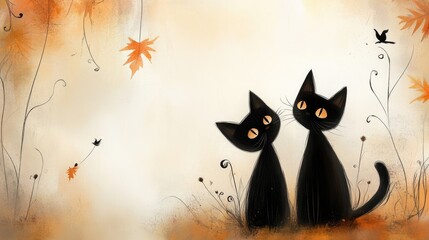 Two playful black cats in a leaf-covered setting with a soft, blurred background of warm autumn colors, creating a charming scene.