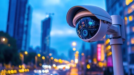 Poster - Surveillance camera overlooking a cityscape at dusk, capturing urban activity.