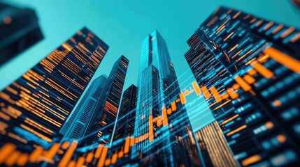 Poster - Modern skyscrapers with digital financial data overlay, clear blue sky.