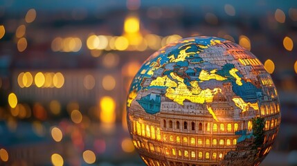 Poster - Glowing globe showing Europe against a blurred city background at twilight.