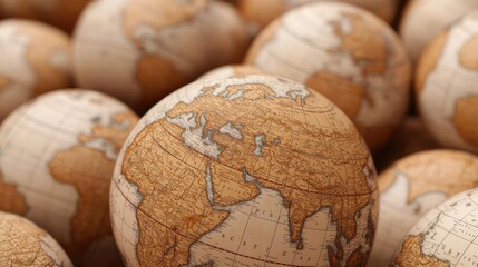 Poster - Close-up of wooden globes showcasing vintage world map details.