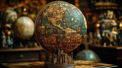 Poster - Intricate antique globe showcasing detailed world map against vintage background.