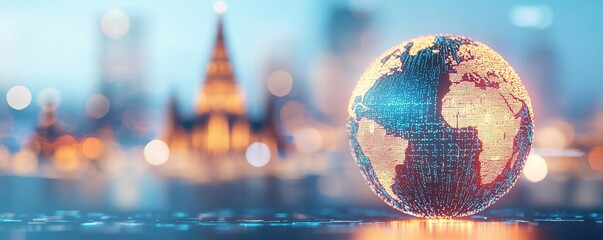 Poster - Digital globe with urban skyline in the background, showcasing global connectivity.