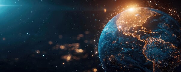 Poster - Glowing Earth viewed from space with intricate lighting and cosmic background.