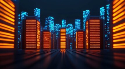 Poster - Futuristic city skyline with glowing orange and blue skyscrapers at night.