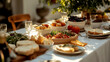 © iri.madrid.art - Greek independence day celebration with traditional mediterranean feast and decor. Horizontal banner. Copy space. Holiday decorated table