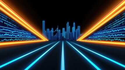Poster - Futuristic cityscape with neon lights and digital waveforms on dark background.