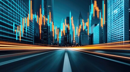 Poster - Cityscape with financial chart overlay showcasing economic growth and urban innovation.