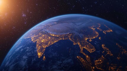 Poster - Earth view from space showing illuminated cities at night, stunning cosmic background.
