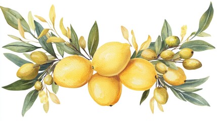 watercolor floral wreath featuring lemons and olives hand painted branch with fresh yellow fruits on