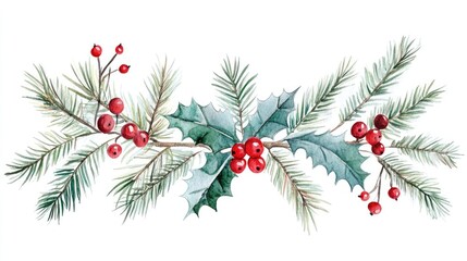 Wall Mural - Decorative composition of holly berries and fir branches symbolizing Christmas and New Year Hand drawn watercolor illustration isolated on a white background