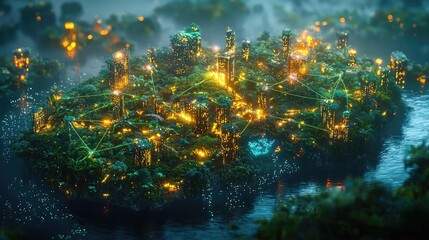 Poster - Futuristic cityscape with glowing lights on an island surrounded by water.