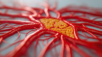 Poster - Close-up of vibrant red neuron structure with yellow nucleus on a smooth surface.