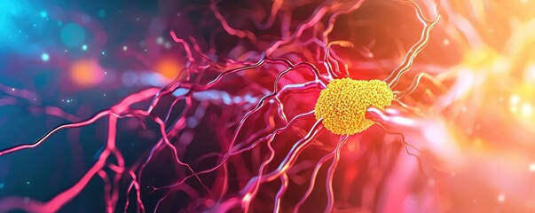 Poster - Neurons and synapses in vibrant colors, abstract representation of neural connections.