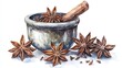 © AbstractAI - Hand drawn watercolor illustration of star anise and a mortar isolated on a white background