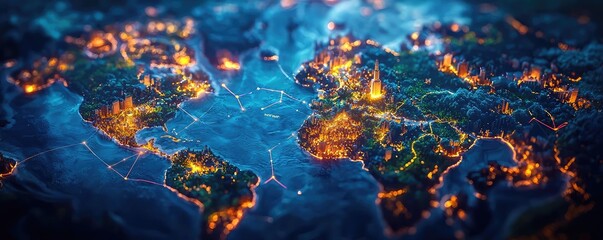 Poster - Digital map of the world with intricate networks and glowing elements on a blue background.