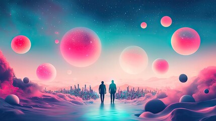 Poster - Two figures in a surreal, colorful landscape with glowing spheres and distant city.