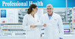© peopleimages.com - Collaboration, healthcare and tablet with people in pharmacy together for medical discussion. Conversation, information or research with pharmacist man and woman in clinic for retail wellness