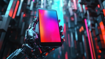 Aufkleber - robot hand holding smartphone in a futuristic world