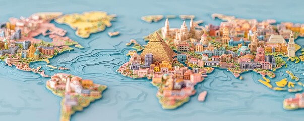Poster - Colorful 3D map of the world with prominent landmarks and terrains.