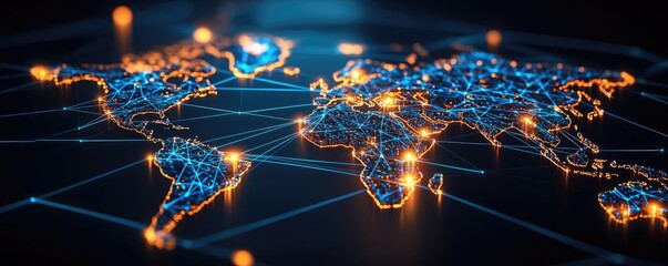 Poster - Abstract world map made of glowing lines and dots on a dark background