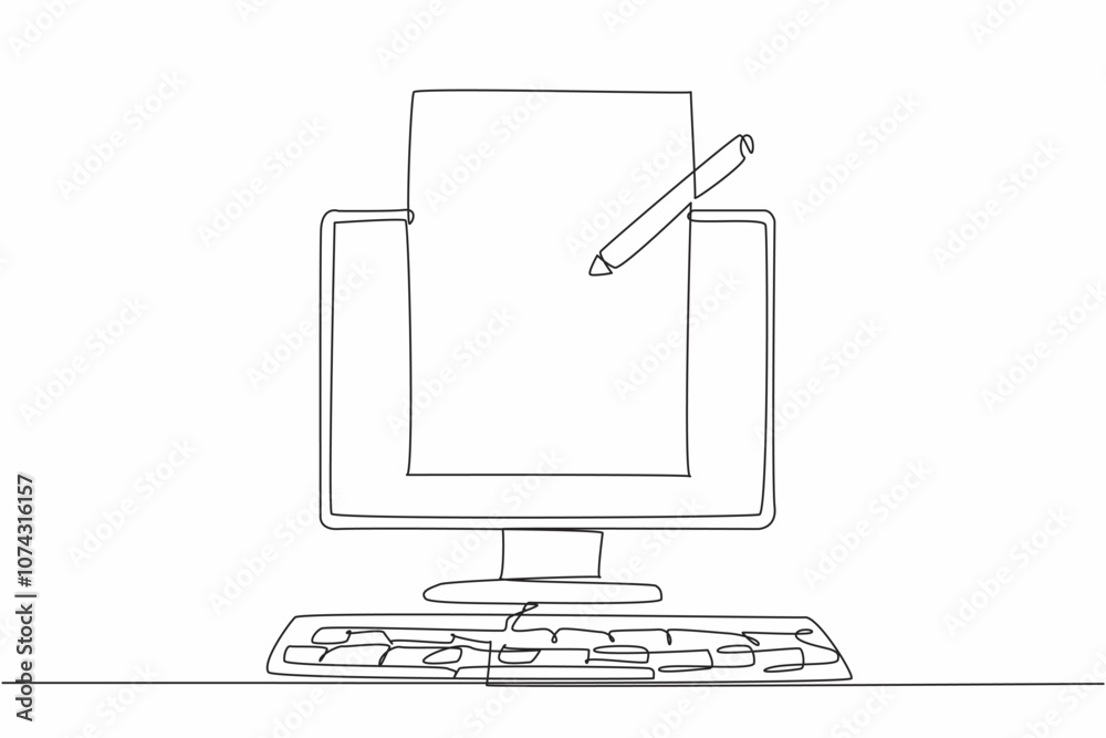 Continuous one line drawing paper, pencil and monitor keyboard ...