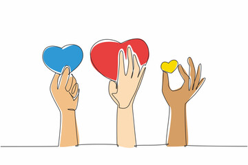 Poster - Continuous one line drawing some hands holding heart symbol. Get some compliments. Socialize well. Symbol of interest. Praise. National Screenwriters Day. Single line draw design vector illustration
