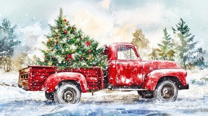 Wall Mural - Vintage red truck adorned with a Christmas tree Watercolor holiday artwork Ideal for festive projects invitations greeting cards and wallpapers