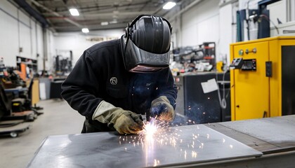 Poster - A welder in protective gear sparks while working on metal fabrication in a workshop setting, showcasing the art of welding and industrial craftsmanship.